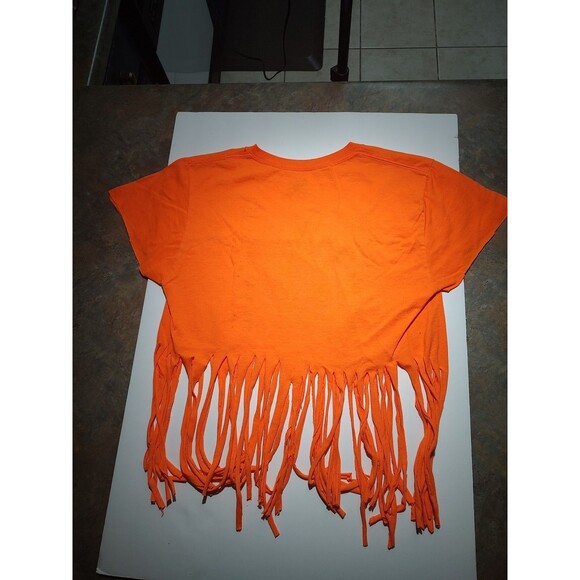 Bright Orange Fringed T-Shirt Hippie Style M Jerzees Tee Boho Retro What OMG - Picture 4 of 5